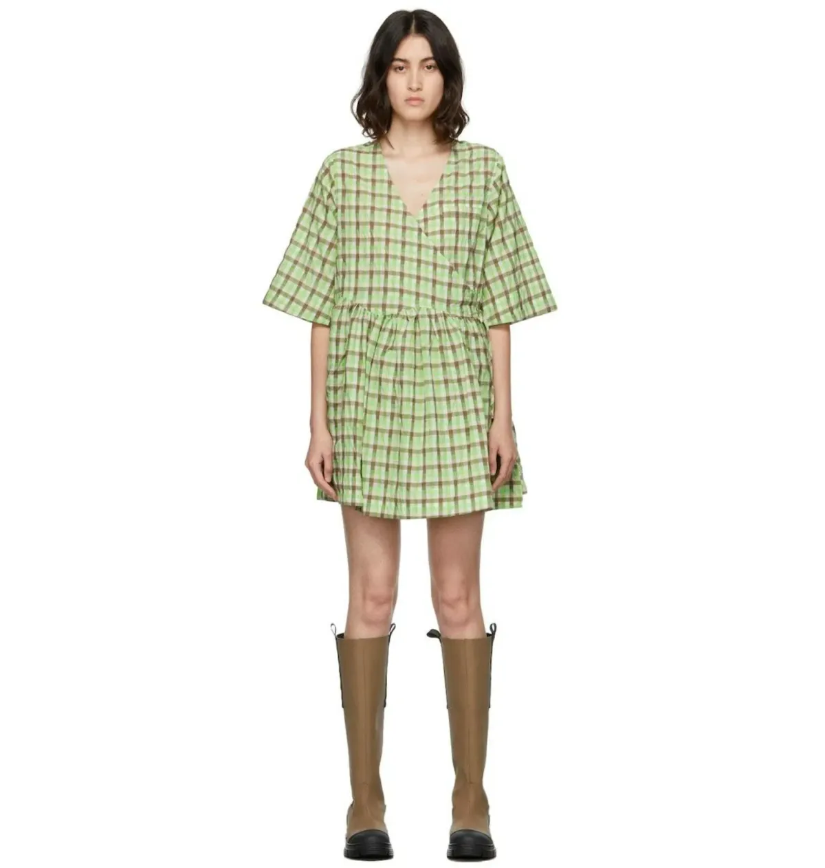 Ganni Seersucker Check Wrap Dress Green Size UK 8 - Image 1