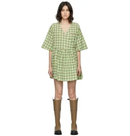 Ganni Seersucker Check Wrap Dress Green Size UK 8 for rent on The Volte - image 1
