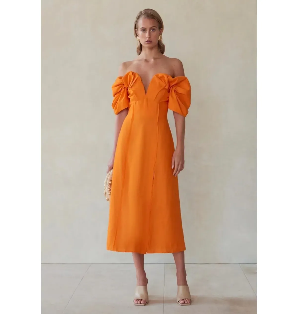 Cult Gaia Muna Off Shoulder Midi Dress Orange Size UK 12 - Image 1