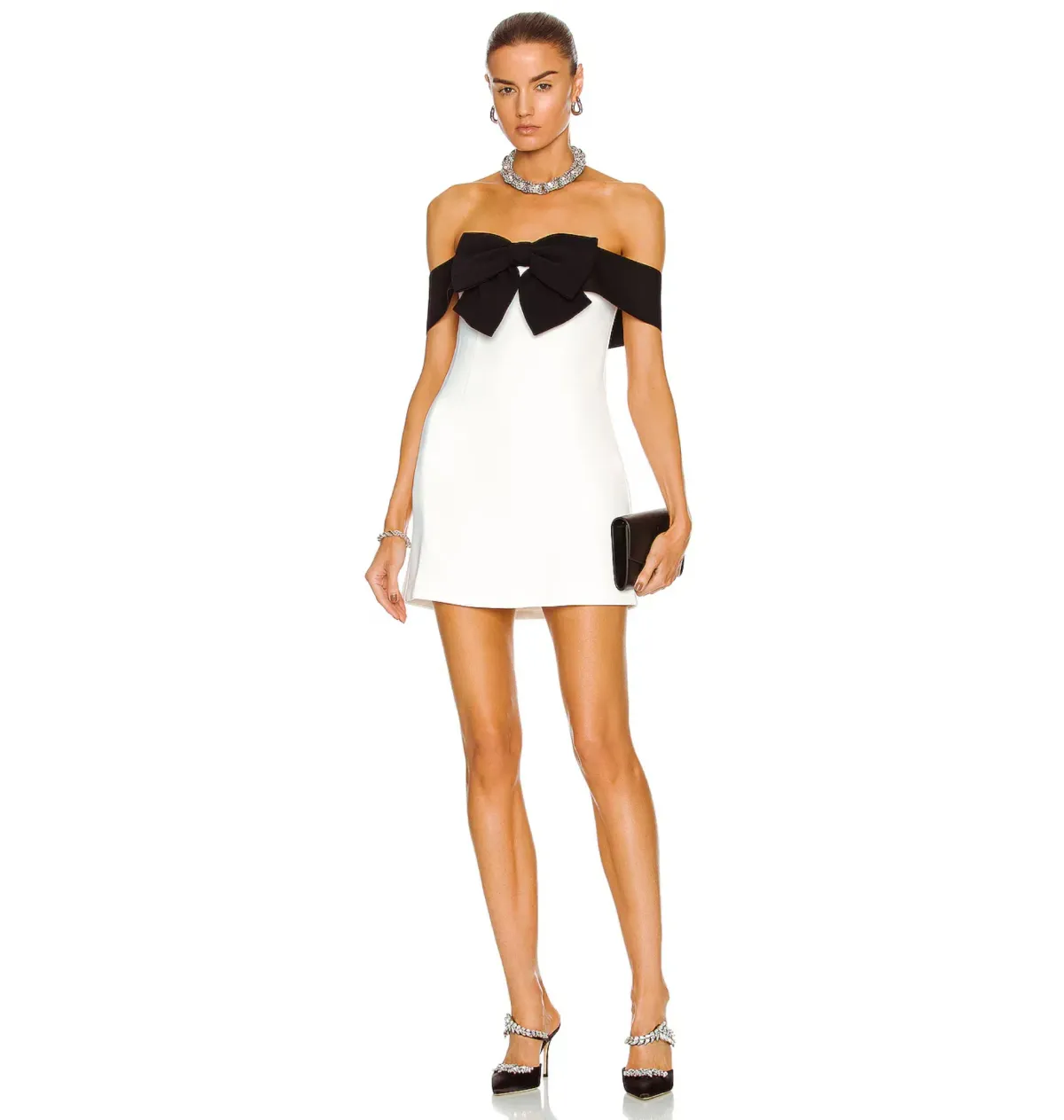 Self Portrait Off Shoulder Bow Dress in Monochrome Size UK 12 - Image 1