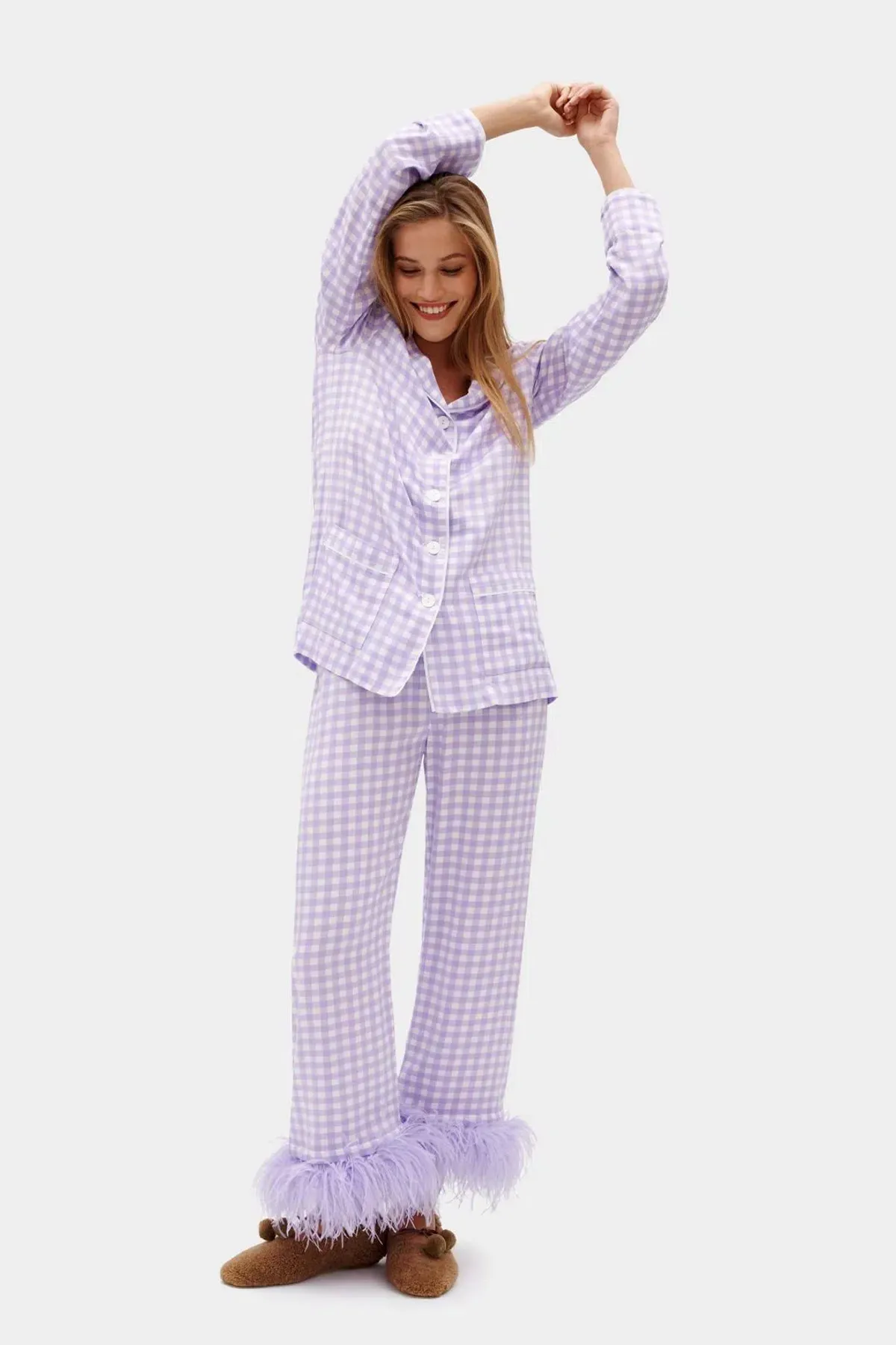 Sleeper Party Gingham Feather Cuff Pajamas Purple Size M / UK 10 - Image 1