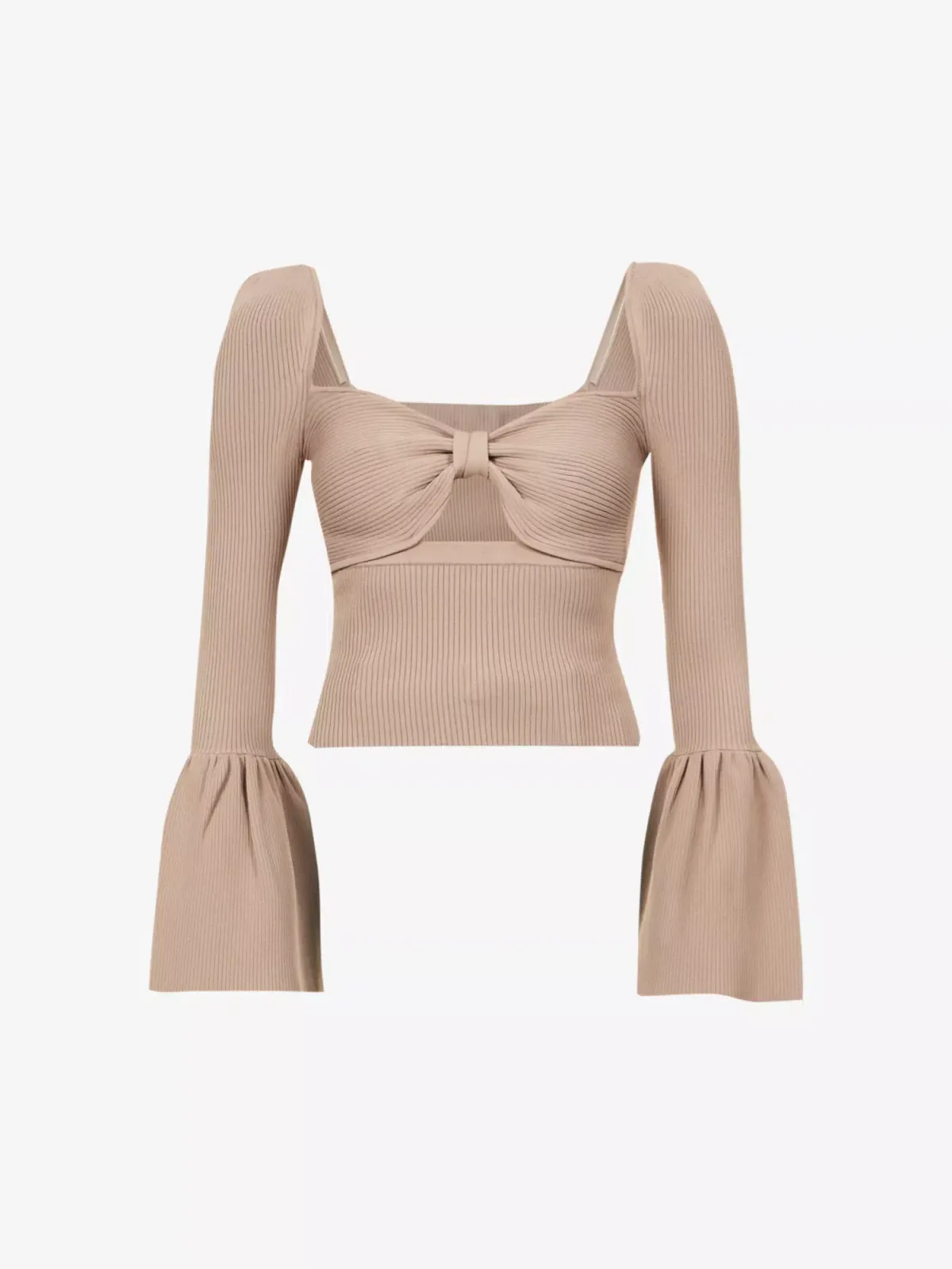 Self Portrait Cut Out Bow Flared Ribbed Top Taupe Size M / UK 10 - Image 12