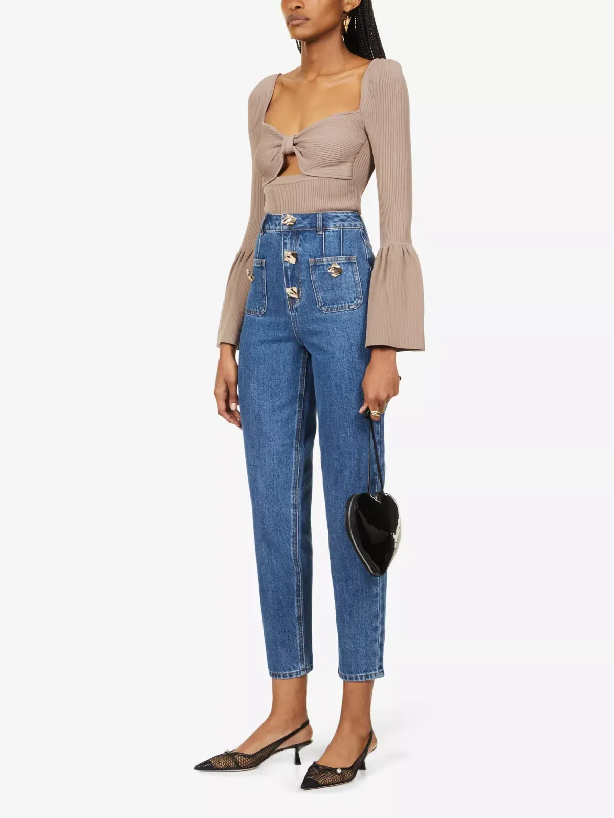 Self Portrait Cut Out Bow Flared Ribbed Top Taupe Size M / UK 10 - Image 1