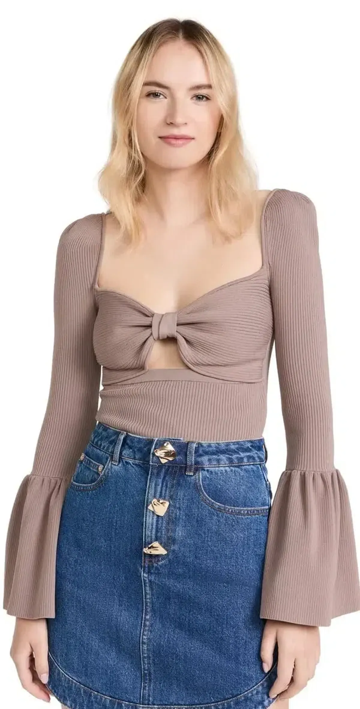 Self Portrait Cut Out Bow Flared Ribbed Top Taupe Size M / UK 10 - Image 5