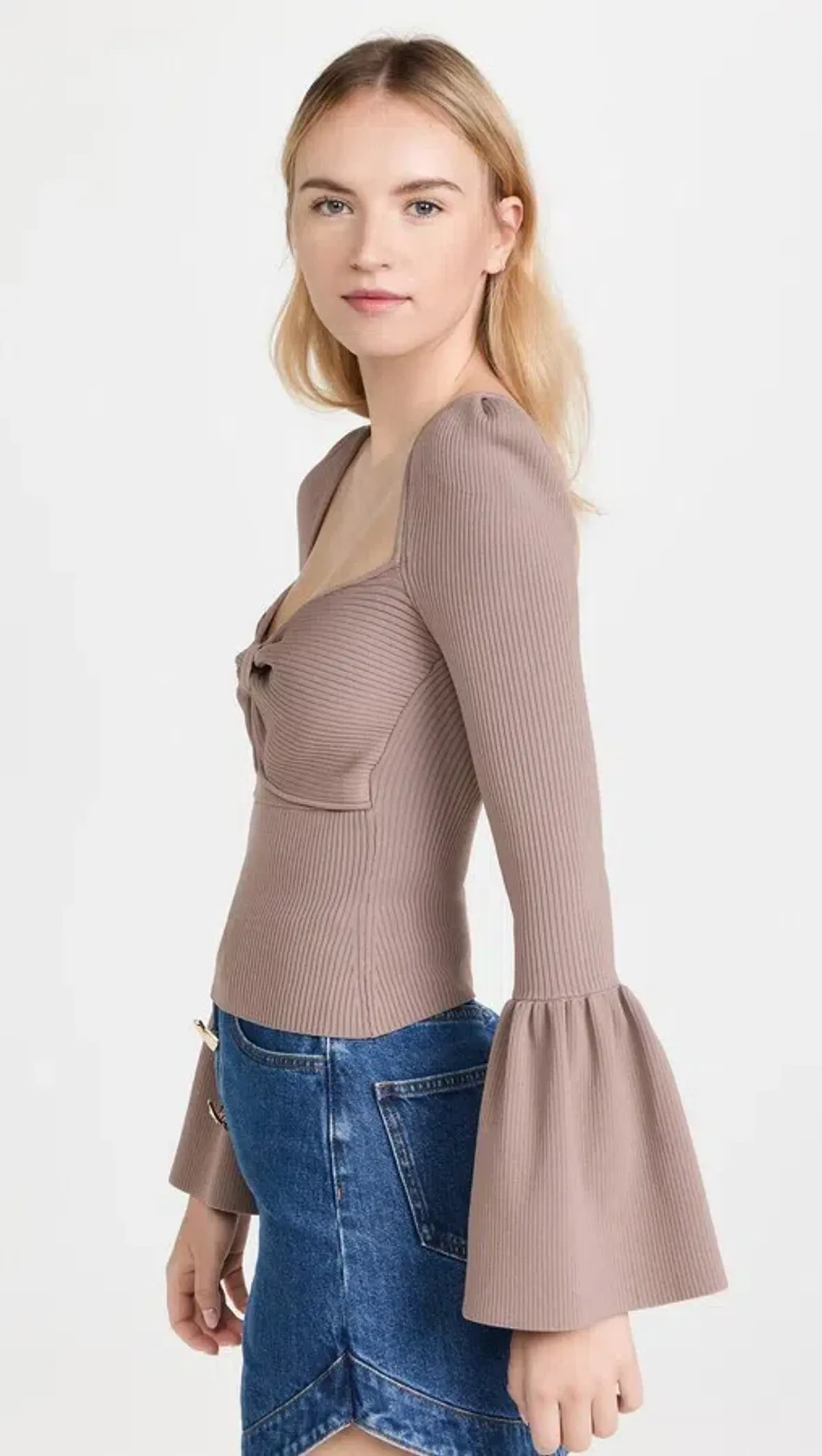 Self Portrait Cut Out Bow Flared Ribbed Top Taupe Size M / UK 10 - Image 4