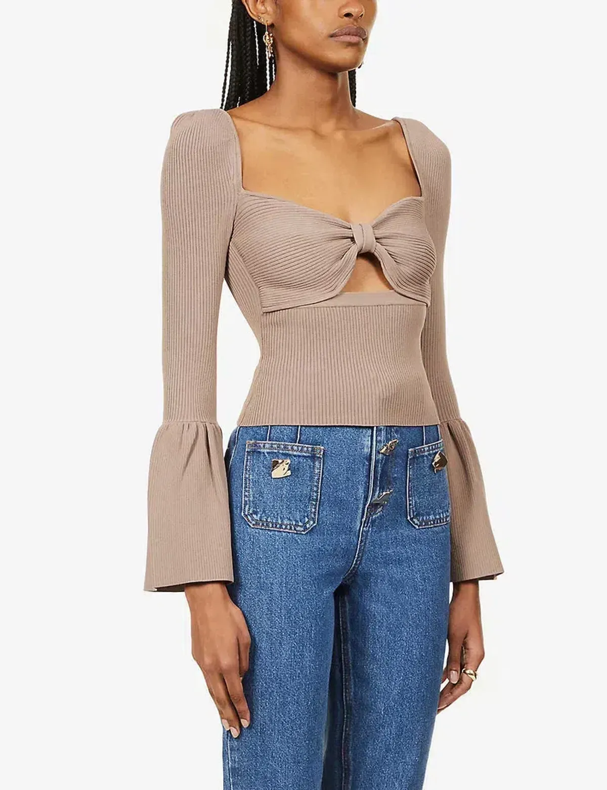 Self Portrait Cut Out Bow Flared Ribbed Top Taupe Size M / UK 10 - Image 2