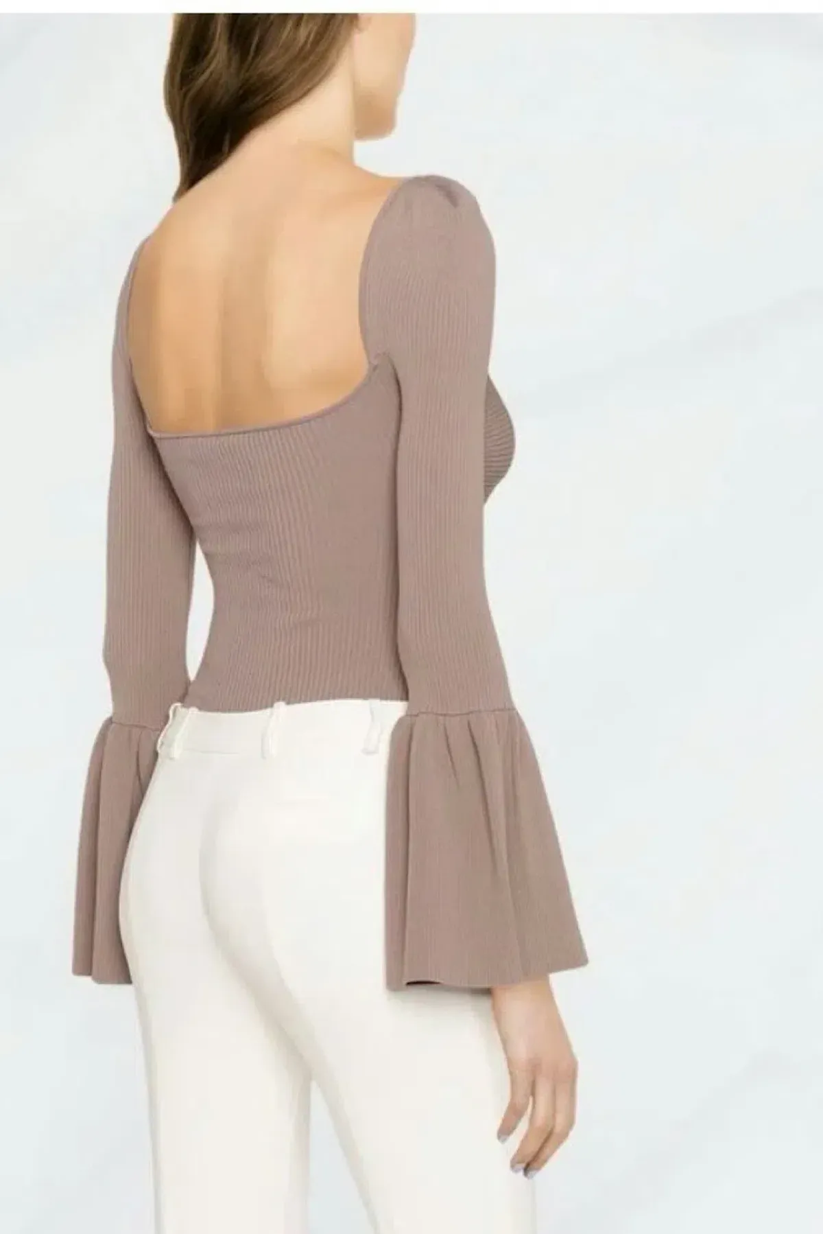 Self Portrait Cut Out Bow Flared Ribbed Top Taupe Size M / UK 10 - Image 8