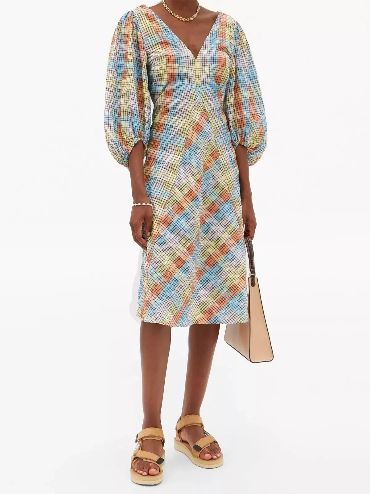 Ganni Seersucker Check Midi Dress Multi Size 38 / UK 10 - Image 6