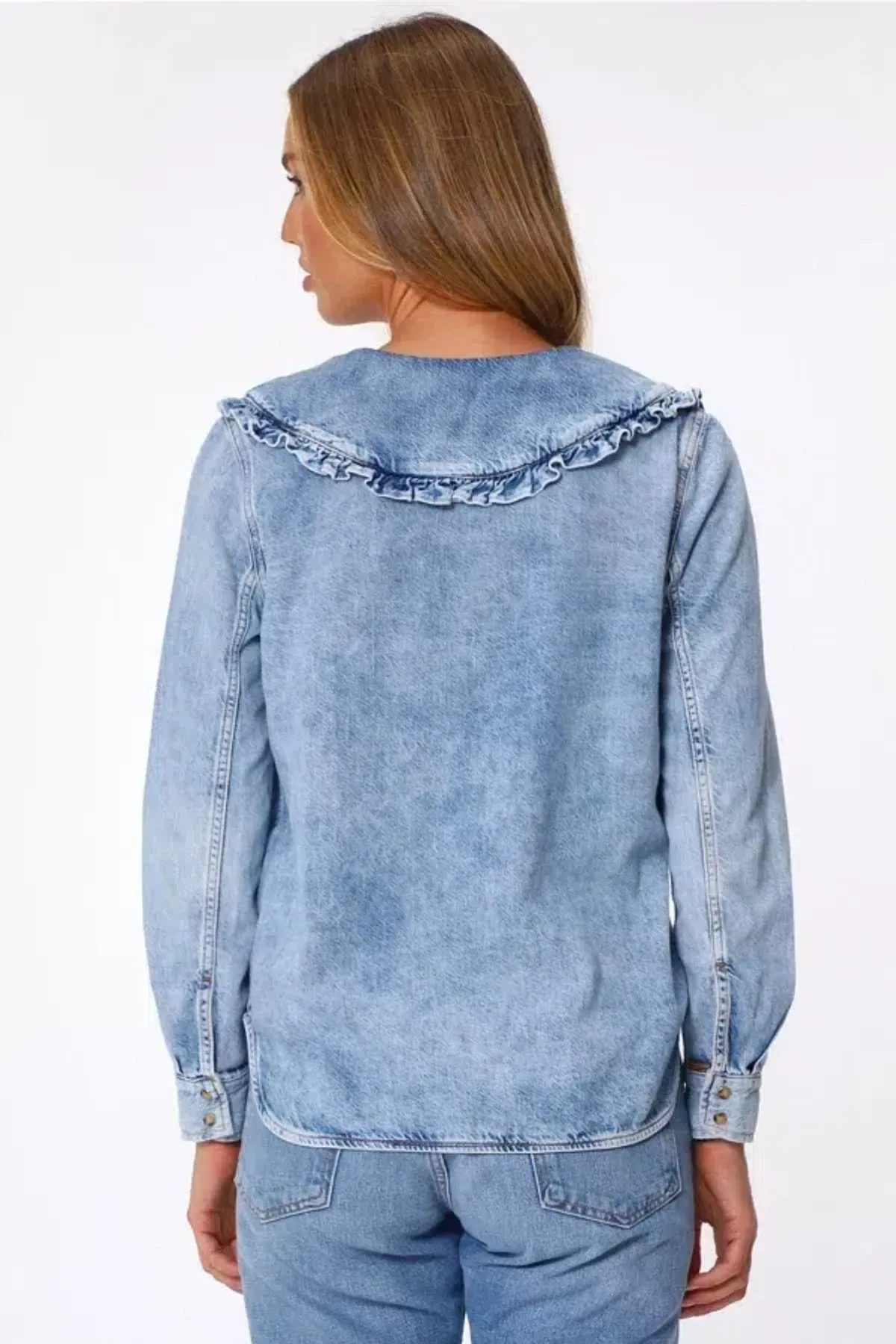 Ganni Denim Ruffle Shirt Blue Size 10 - Image 3