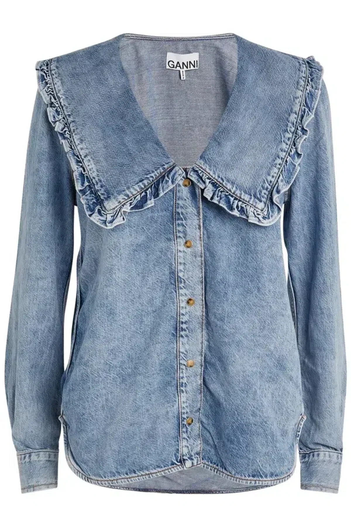 Ganni Denim Ruffle Shirt Blue Size 10 - Image 2