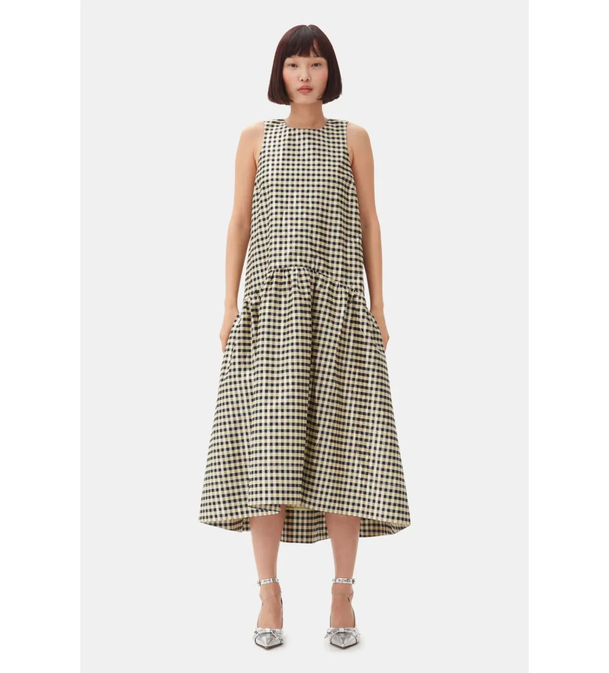 Ganni Icing Shiny Check Jacquard Midi Dress Print Size UK 10 - Image 1