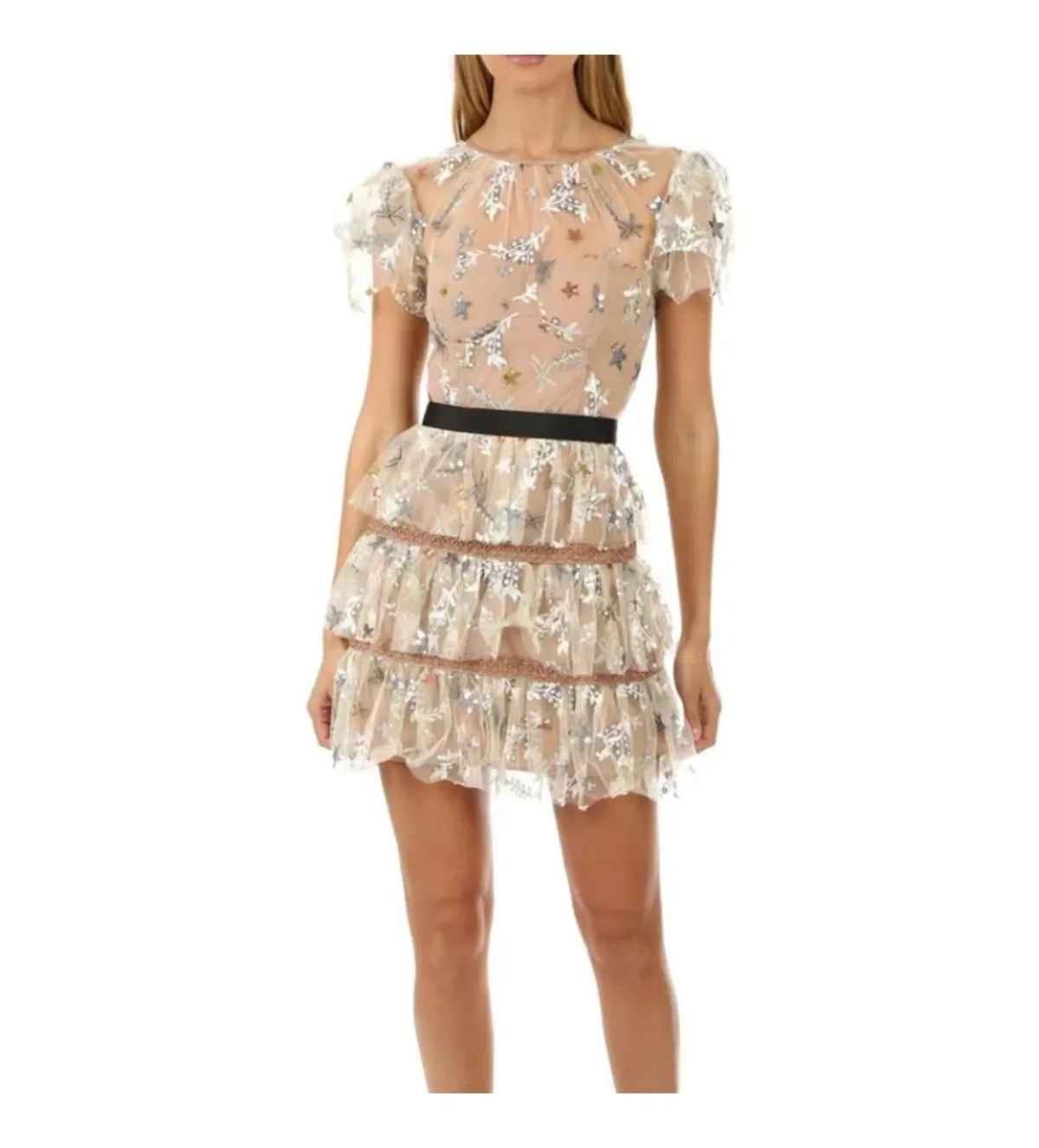 Self-portrait Star Mesh Tiered Mini Dress Floral Size 12 - Image 1