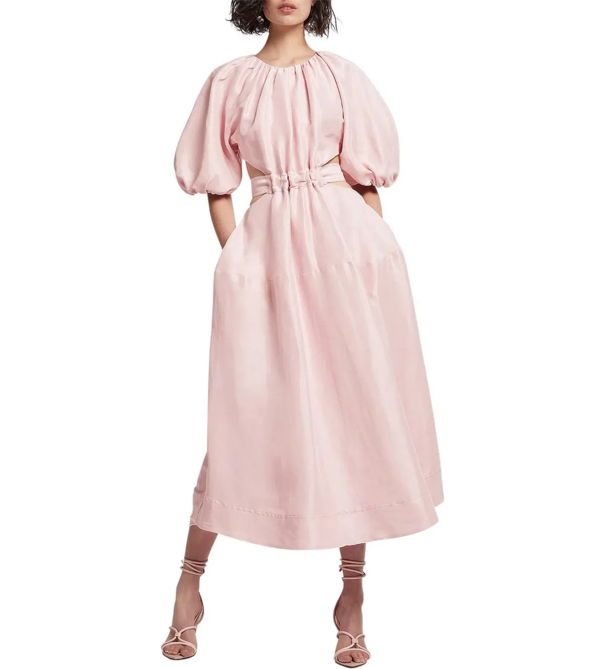 Aje Mimosa Puff Sleeve Pink Cutout Midi Dress Pink Size UK 12 - Image 1