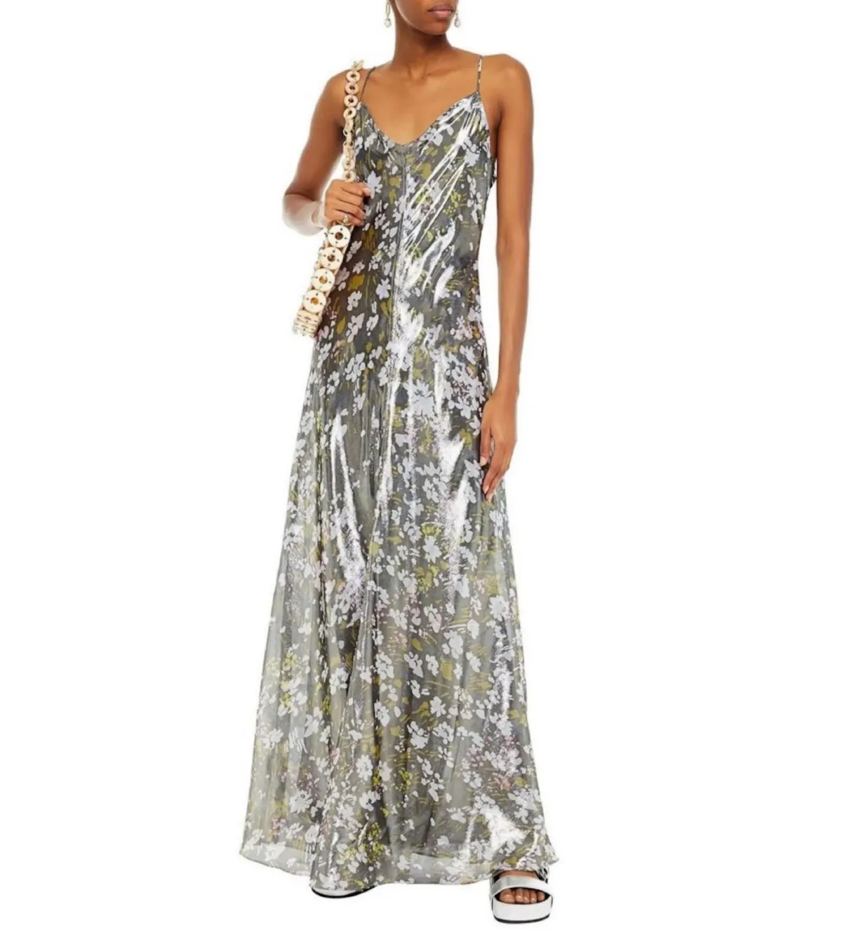 Ganni Metallic Silk Maxi Dress Floral  Size UK 10 - Image 1