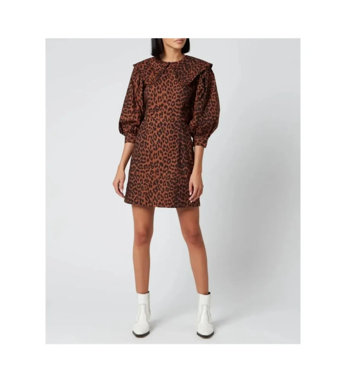 Ganni Leopard Print Poplin Bib Mini Dress Animal Print Size UK 12 - Image 1