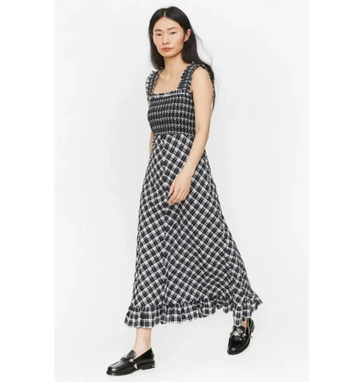 Ganni Seersucker Midi Dress Check Size UK 12 - Image 2