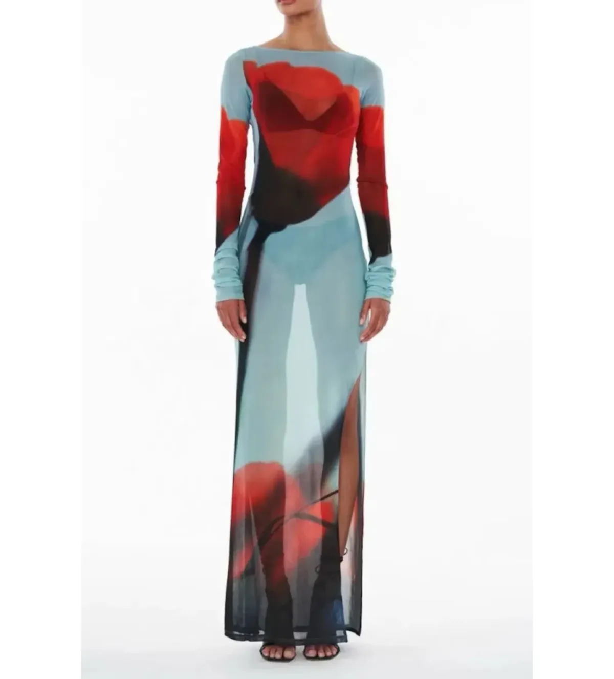 Rat & Boa Santino Sheer Maxi Dress in  blue with a fiery red tulip print Size UK 12 - Image 2