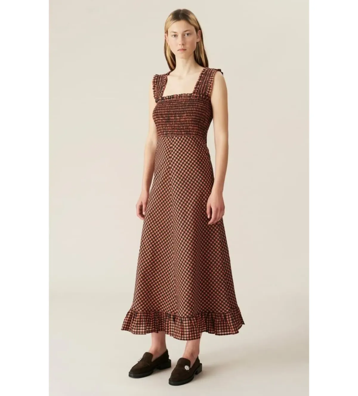 Seersucker Check Maxi Dress in Orange/Black Size UK 12 - Image 1