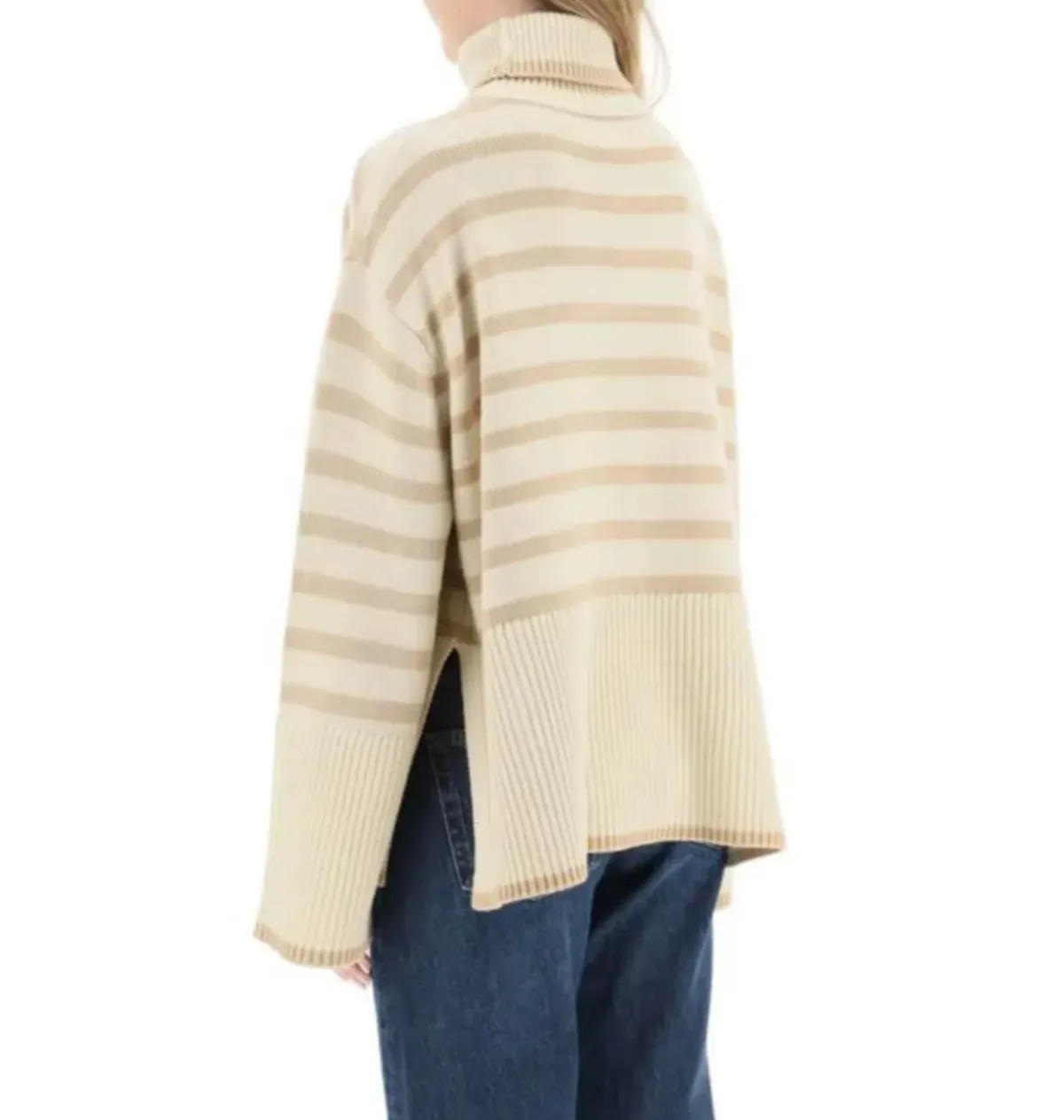 Totême Signature Striped Turtleneck Beige Size 10 - Image 2