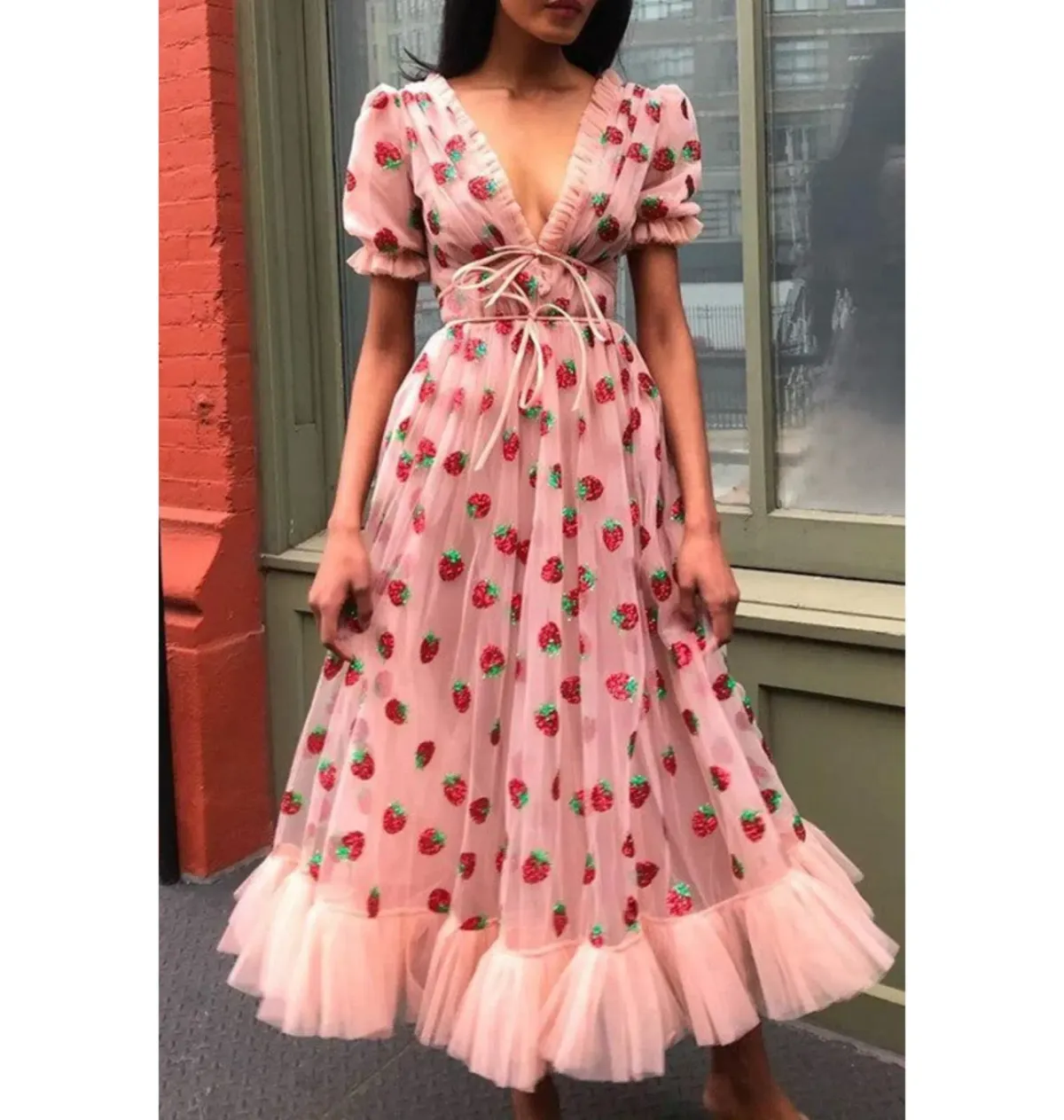 Lirika Matoshi Strawberry Midi Dress Print Size 12 - Image 2