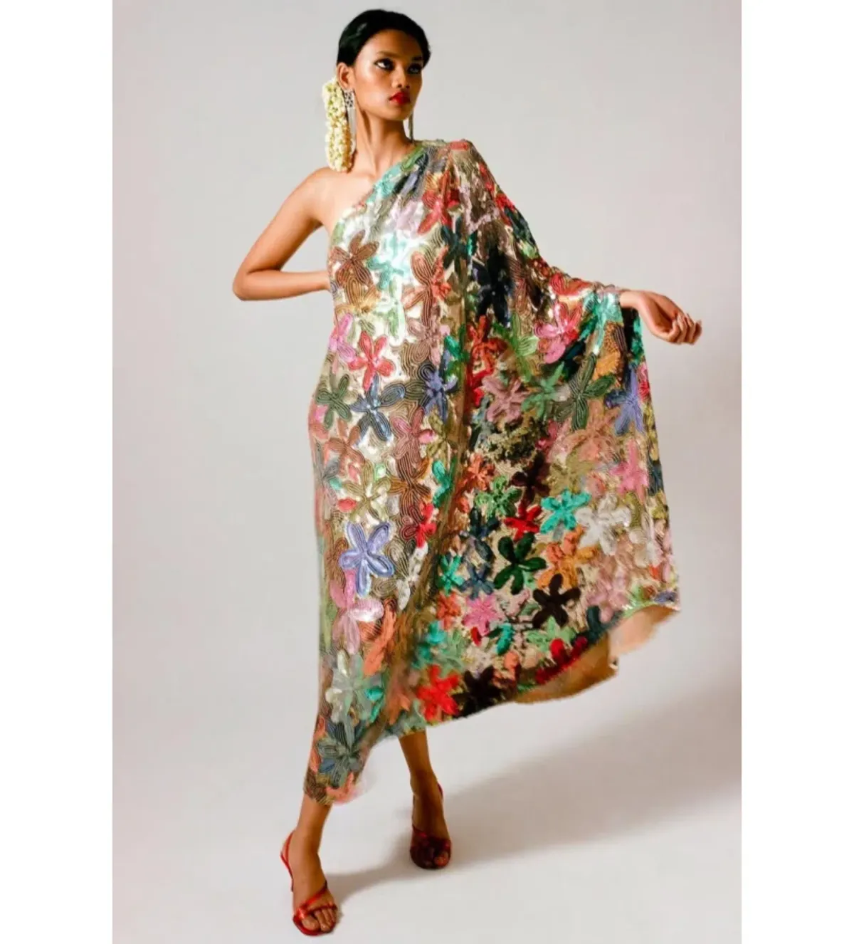 Ashish Sequin Embellished One Sleeve Georgette Sari Midi Dress Multi Size UK 10 - Image 1