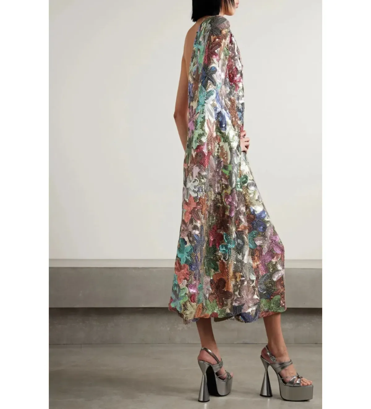 Ashish Sequin Embellished One Sleeve Georgette Sari Midi Dress Multi Size UK 10 - Image 2