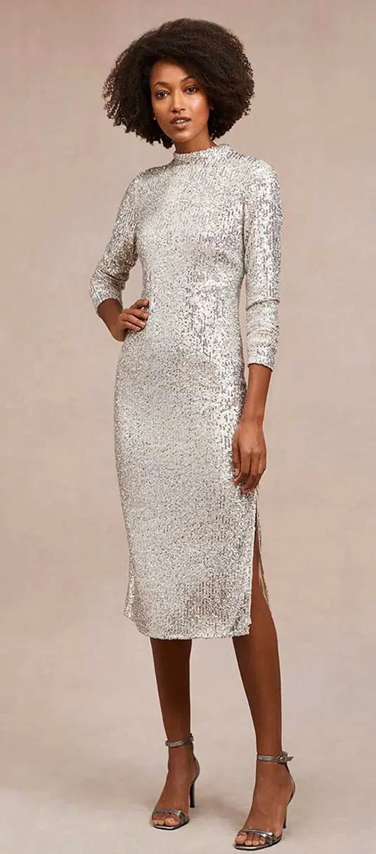 Mint Velvet Silver Sequin Midi Dress Size UK 10 - Image 1