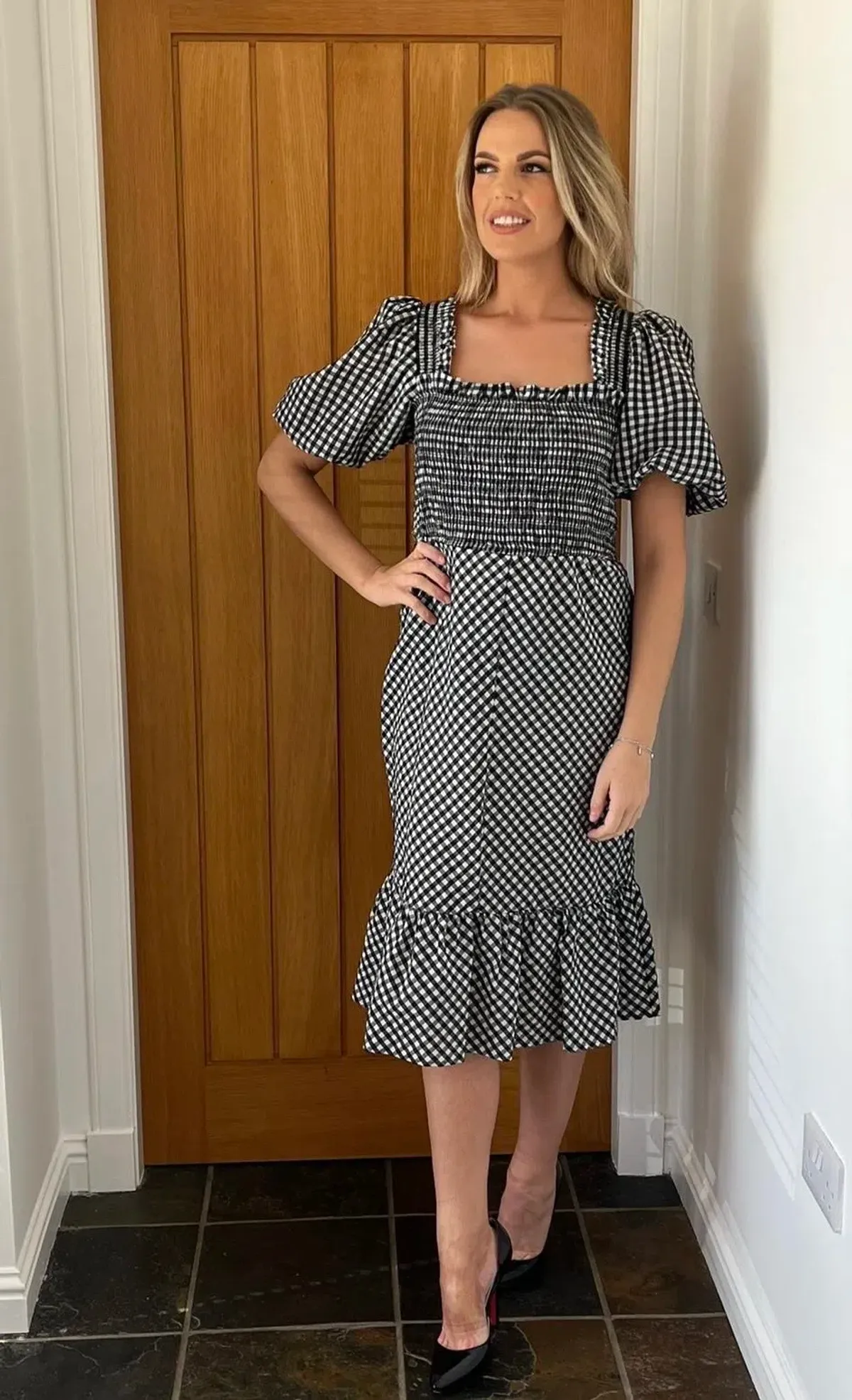 Ganni Gingham Smocked Midi Dress Black & White Size UK 18 - Image 1