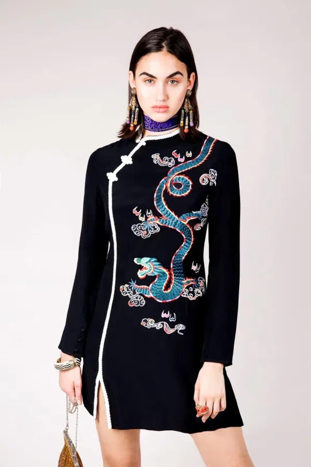 RIXO Oriental Orchid Dragon Mini Dress Black Size 10 for rent on The Volte - main image