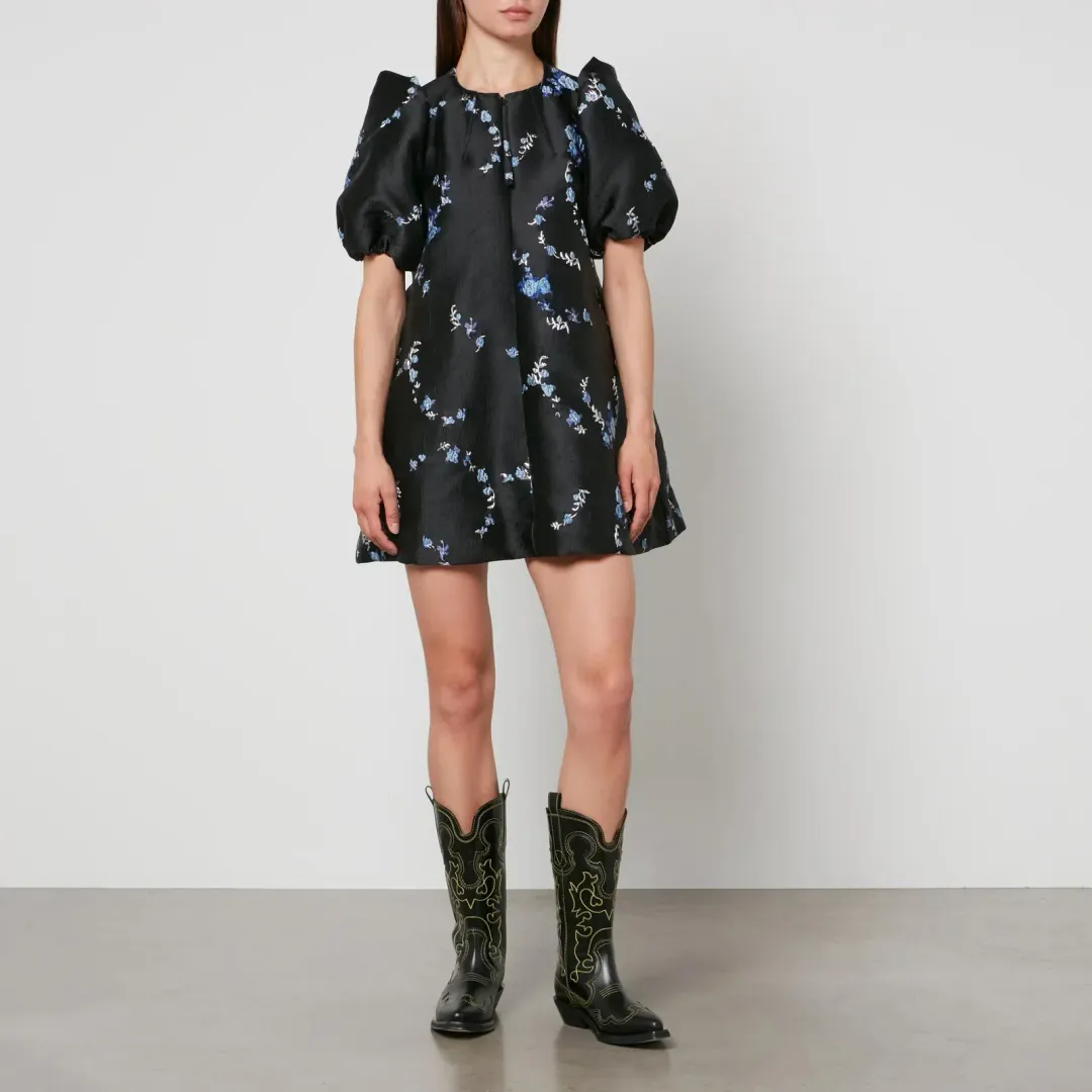 Ganni Jacquard Mini Dress Black Floral Size UK 10 for rent on The Volte - main image