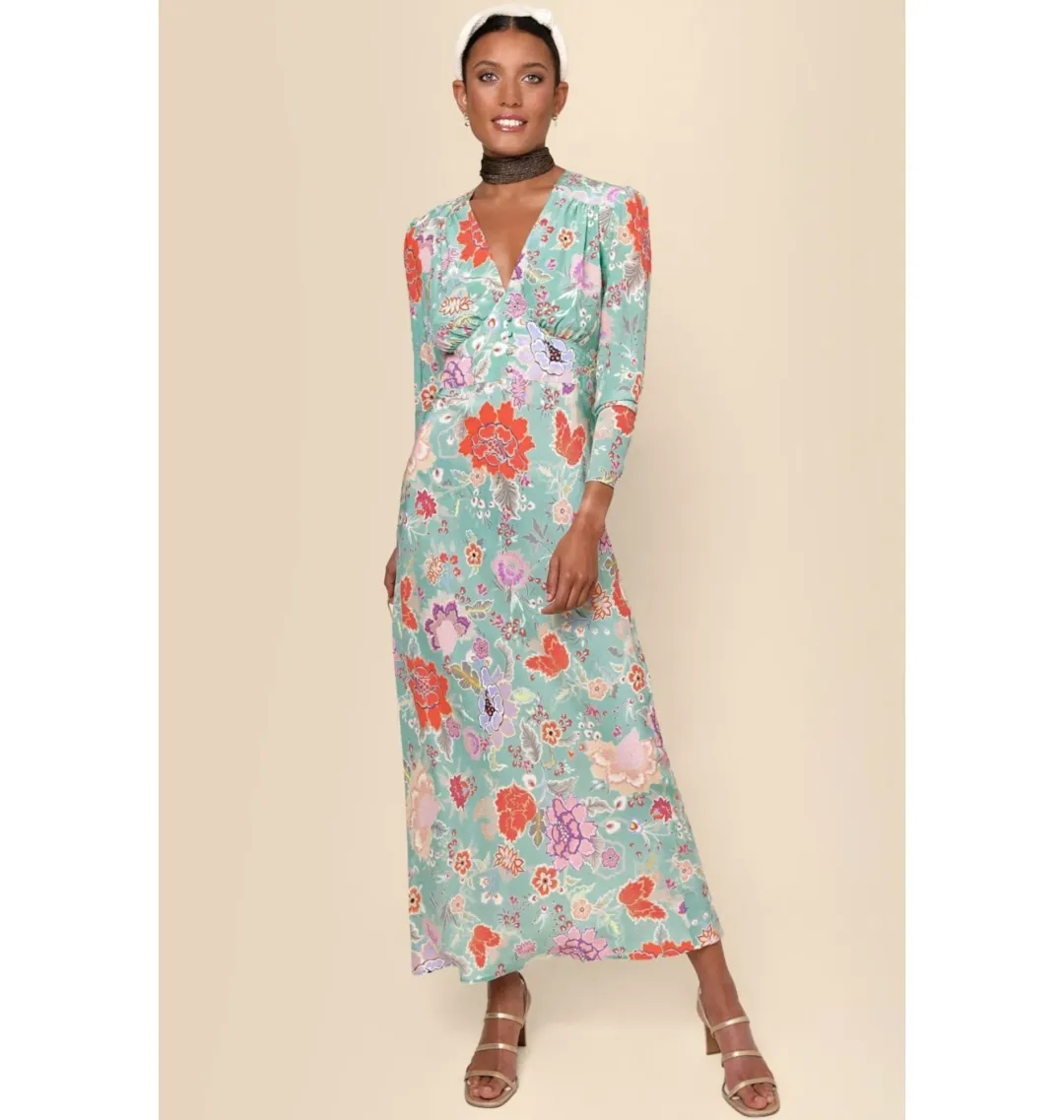 Rixo Selma Dress Mint Peony Flora Size UK 12 for rent on The Volte - main image