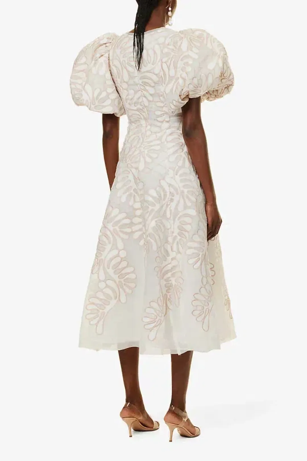 Aje Botanical Applique Puff Sleeve Midi Dress Ivory/Ecru Size UK 10 for rent on The Volte - main image