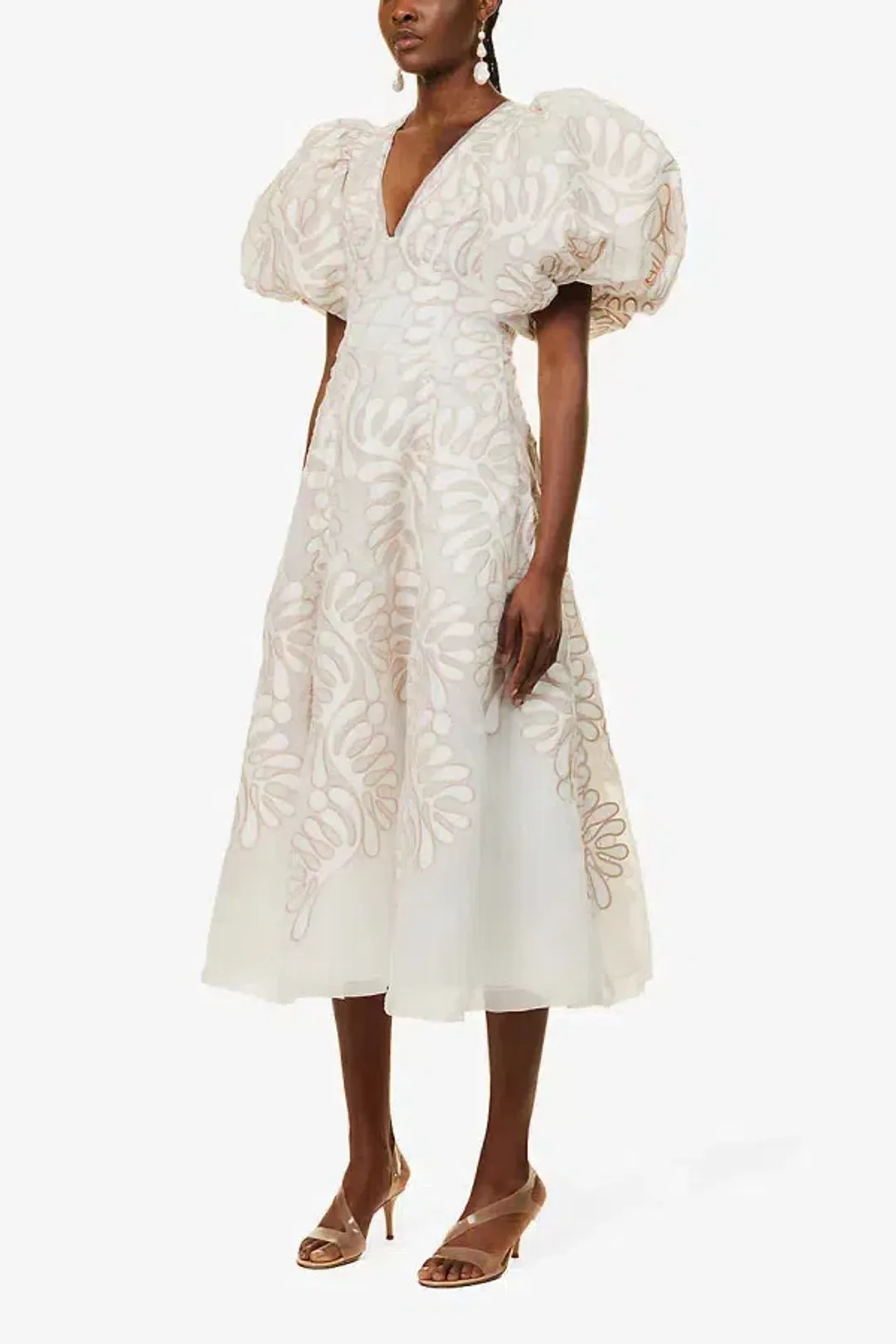 Aje Botanical Applique Puff Sleeve Midi Dress Ivory/Ecru Size UK 10 for rent on The Volte - main image