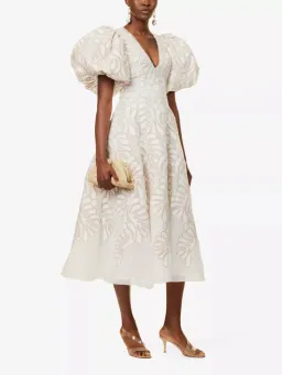 Aje Botanical Applique Puff Sleeve Midi Dress Ivory/Ecru Size UK 10 for rent on The Volte - image 1