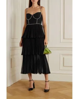 Self Portrait Diamante Embellished Tiered Chiffon Midi Dress Black Size 12 for rent on The Volte - image 1