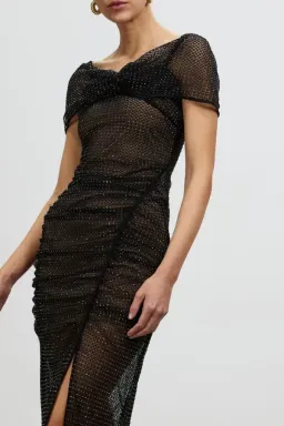 Self-Portrait Fishnet Crystal Off Shoulder Midi Dress Black Size UK 12 for rent on The Volte - image 3