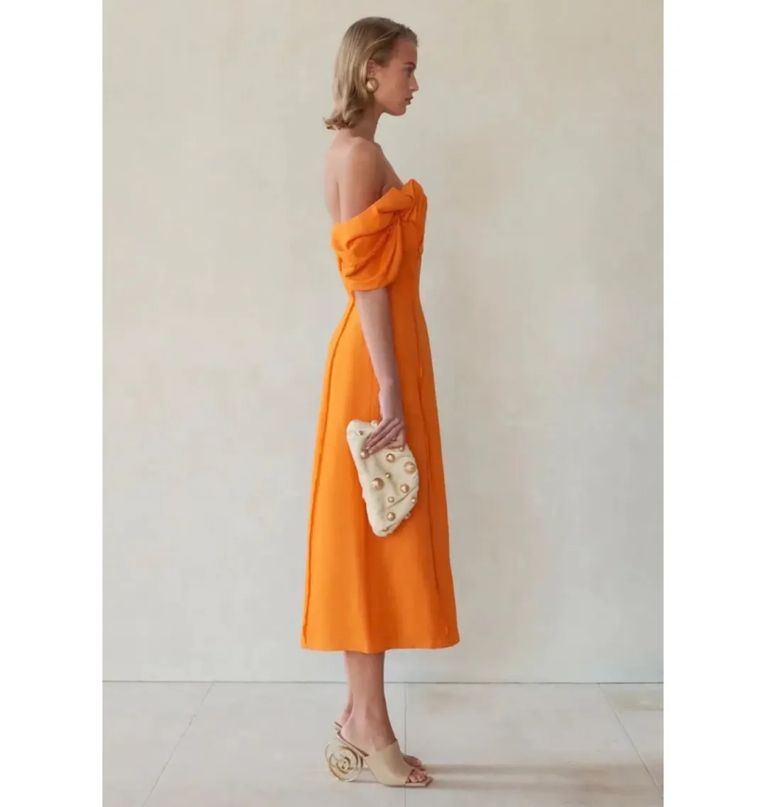 Cult Gaia Muna Off Shoulder Midi Dress Orange Size UK 12 for rent on The Volte - main image