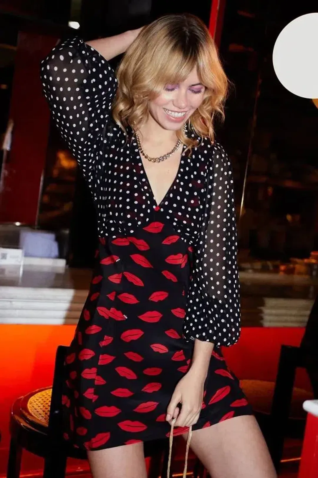 Rixo Lia Lip Mini Dress Kiss Print Size S / UK 10 for rent on The Volte - main image