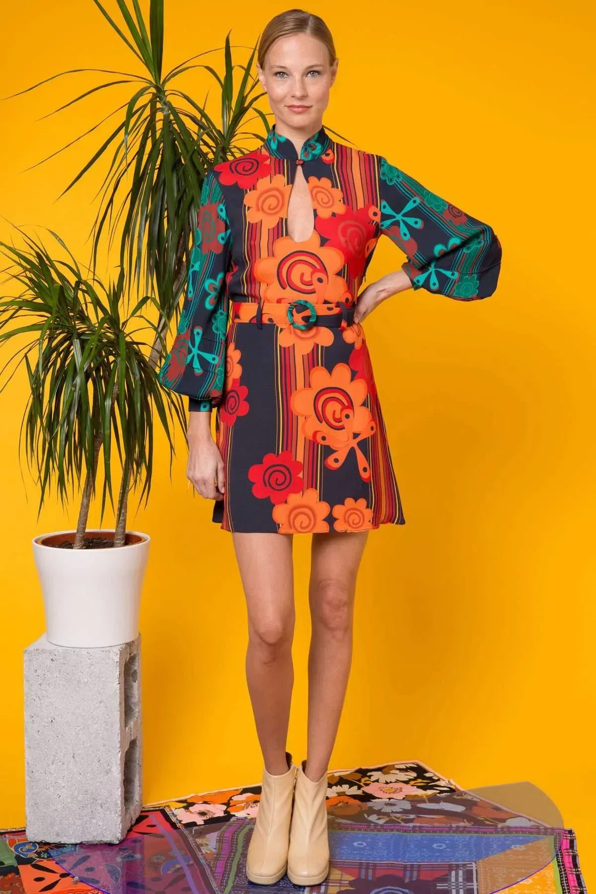 Rixo Michelle Retro Flower Stripe Mini Dress Print Size S / UK 8 for rent on The Volte - main image