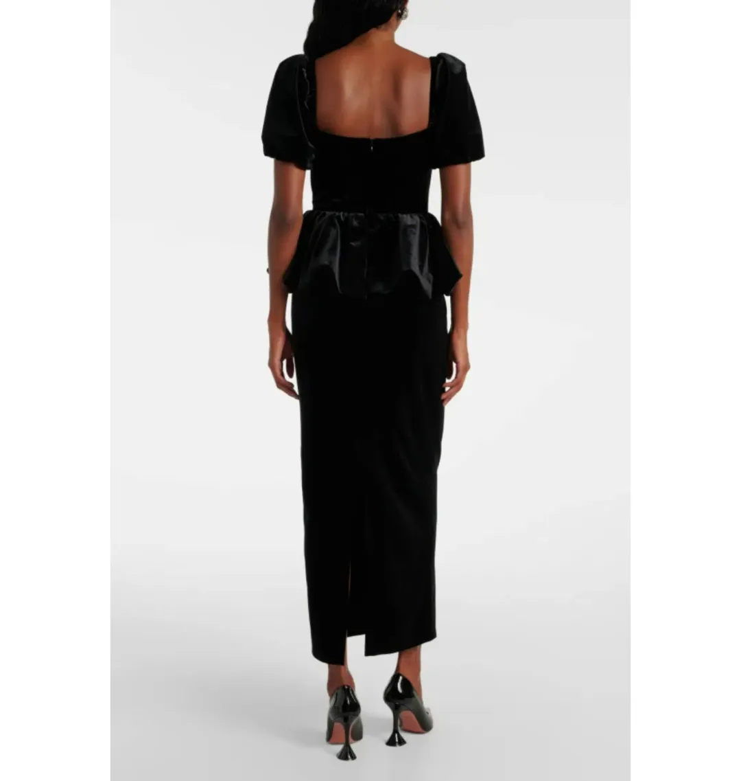 Self Portrait Peplum Velvet Puff Sleeve Dress Black Size UK 10 for rent on The Volte - main image