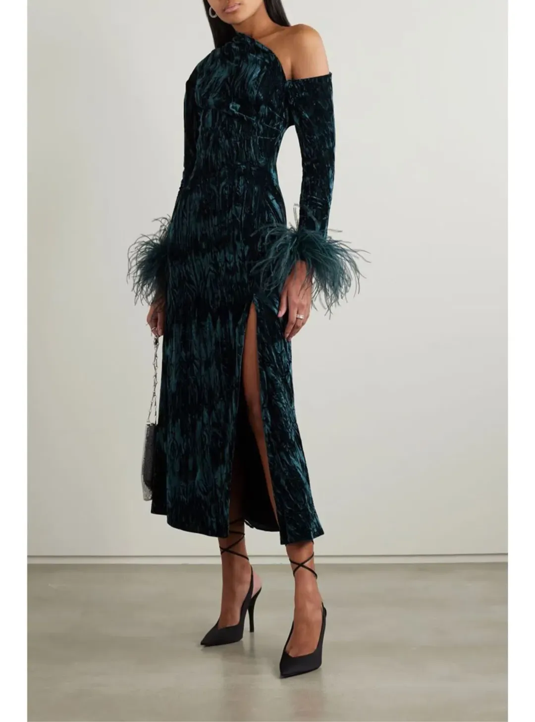 16Arlington Adelaide Velvet Feather Midi Dress Teal Size UK 12 for rent on The Volte - main image