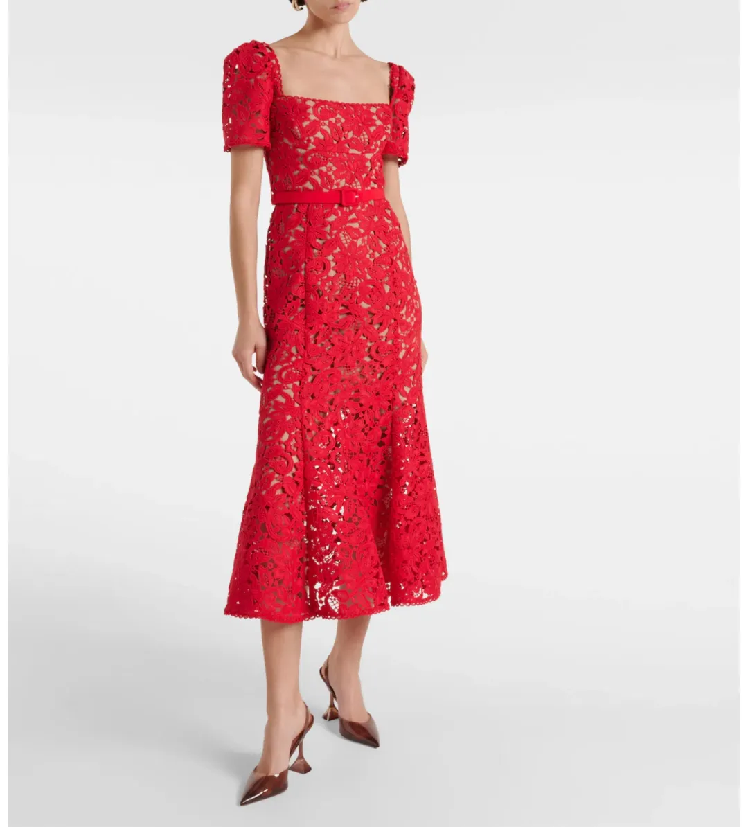 Self-portrait  Belted Lace Midi Dress Red Size 8  for rent on The Volte - main image