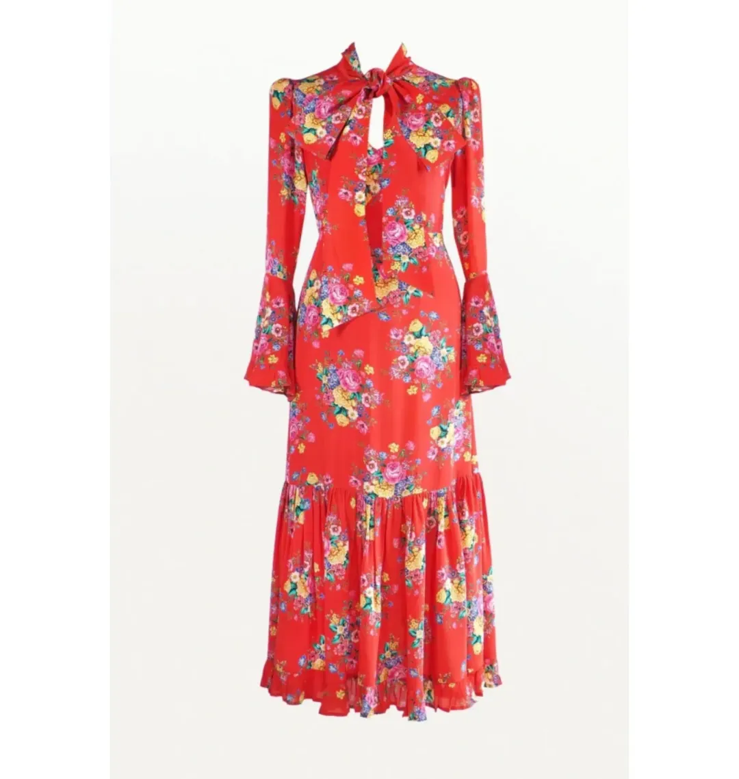 Queens of Archive Goldie Still Life Maxi Dress Red Floral Size UK 10 for rent on The Volte - main image