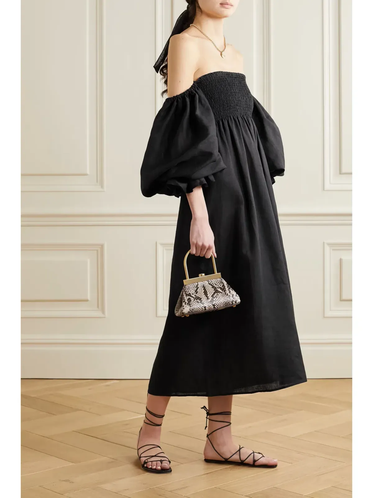 Sleeper Atlanta Off Shoulder Midi Dress Black Size M / UK 10 for rent on The Volte - main image