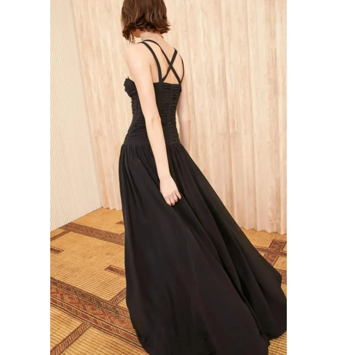 Ulla Johnson Anya Ruched Silk Maxi Gown Black Size UK 12 for rent on The Volte - main image