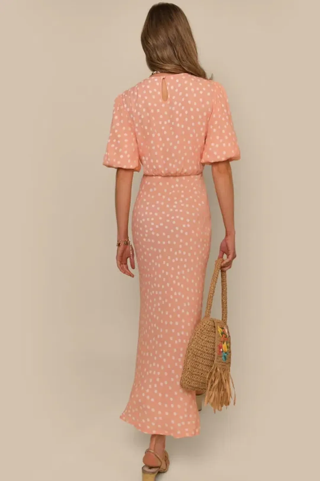 Rixo Flavia Midi Dress Salmon Pink Size UK 10 for rent on The Volte - main image