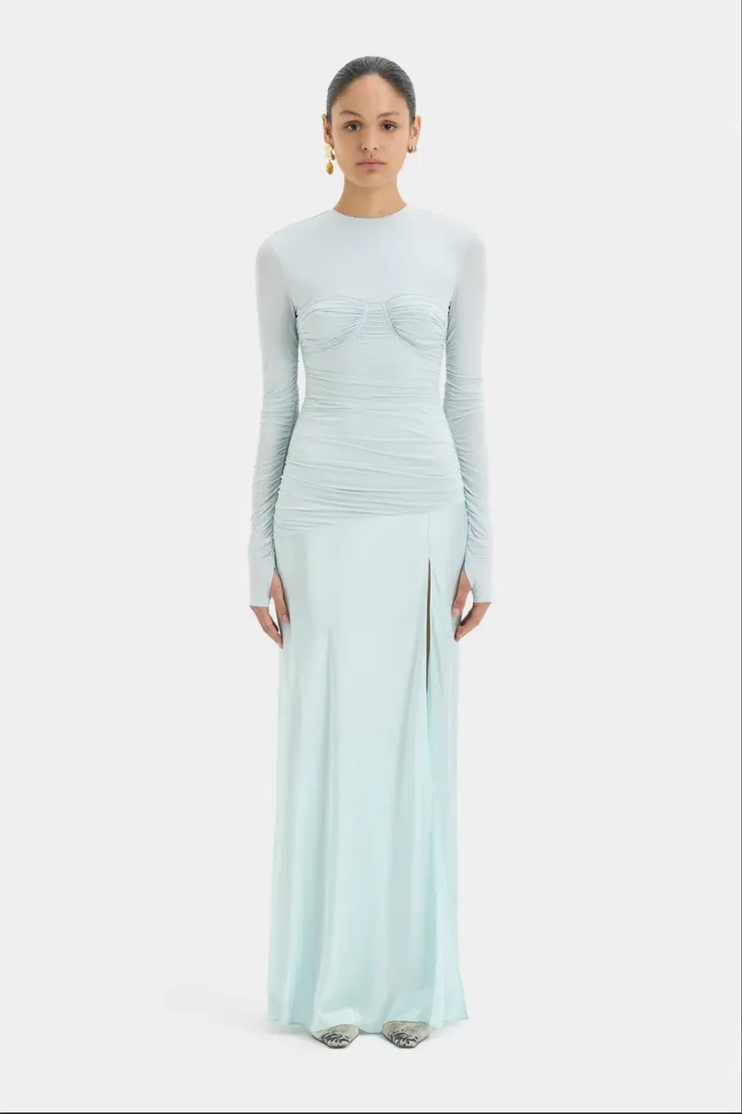 Sir The Label Alessia Ice Blue Silk Satin Jersey Draped Maxi Dress for rent on The Volte - main image
