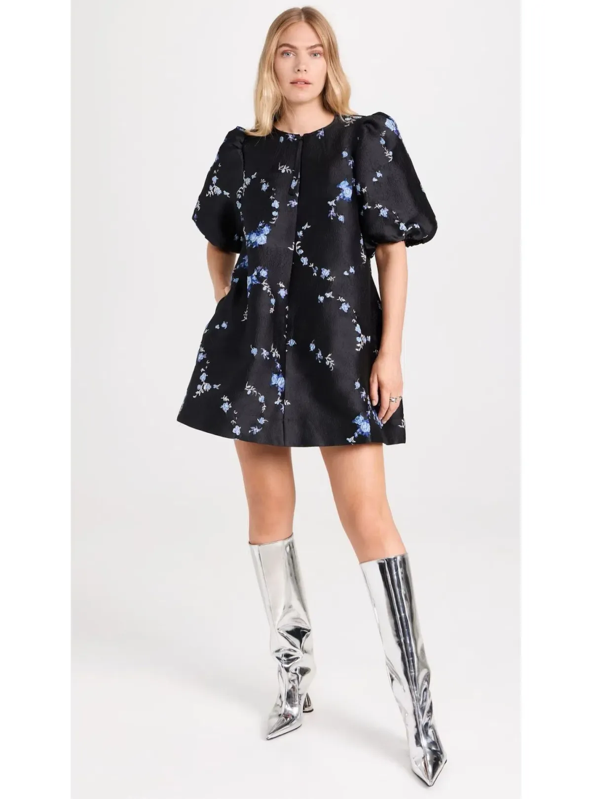 Ganni Jacquard Mini Dress Black Floral Size UK 10 - Image 1