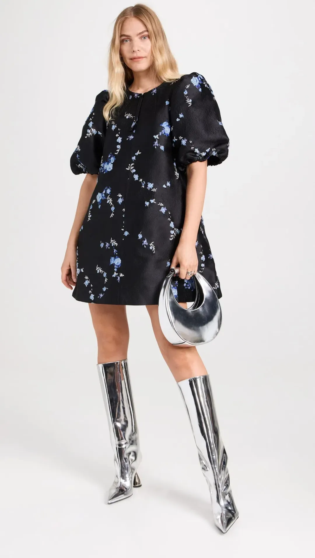 Ganni Jacquard Mini Dress Black Floral Size UK 10 for rent on The Volte - main image