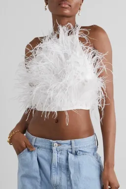 Cult Gaia Joey Open back Feather Embellished Crepe Top White Size UK 12 for rent on The Volte - image 2